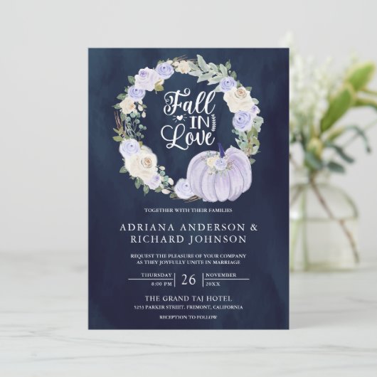 Lavendel Rozen Pompoen Foto QR Code Marine Bruilof Kaart (Staand voorkant)