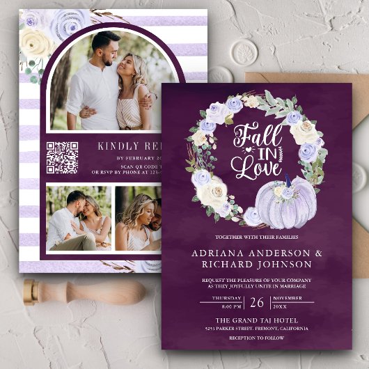 Lavendel Rozen Pompoen Foto QR Code Pruim Bruiloft Kaart