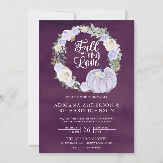 Lavendel Rozen Pompoen Foto QR Code Pruim Bruiloft Kaart (Voorkant)