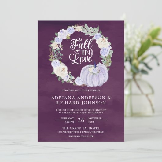 Lavendel Rozen Pompoen Foto QR Code Pruim Bruiloft Kaart (Staand voorkant)