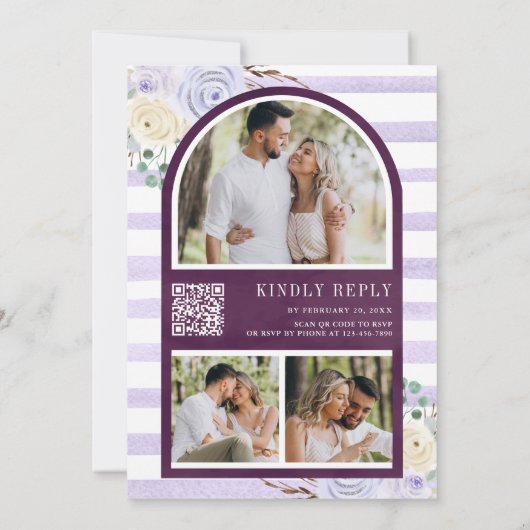 Lavendel Rozen Pompoen Foto QR Code Pruim Bruiloft Kaart (Achterkant)