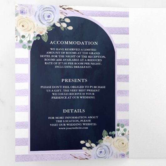 Lavendel Rozen Pompoen QR Code Marine Blauw Bruilo Drieluik Uitnodiging (Binnenzijde eerst)