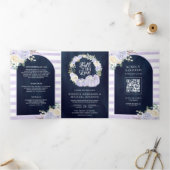 Lavendel Rozen Pompoen QR Code Marineblauw Trouwen Drieluik Uitnodiging (Binnen)