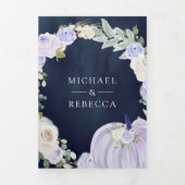 Lavendel Rozen Pompoen QR Code Marineblauw Trouwen Drieluik Uitnodiging (Cover)