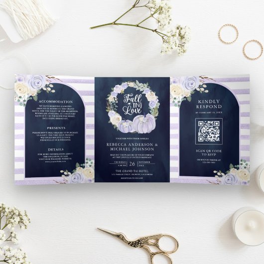 Lavendel Rozen Pompoen QR Code Marineblauw Trouwen Drieluik Uitnodiging