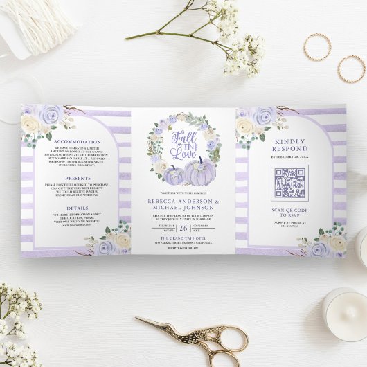 Lavendel Rozen Pompoen QR Code Trouwen Drieluik Uitnodiging