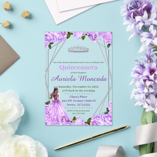 Lavendel Rozen Quinceanera Acryl Uitnodigingen (Insitu (Huwelijk))