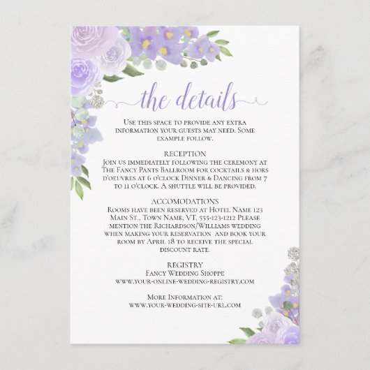 Lavendel Rozen rustieke Boho chique bruiloft Detai Informatiekaartje (Voorkant)