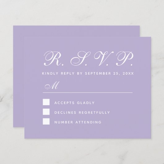 Lavendel RSVP Budget Eenvoudig Script Paarse Kaart (Voorkant / Achterkant)