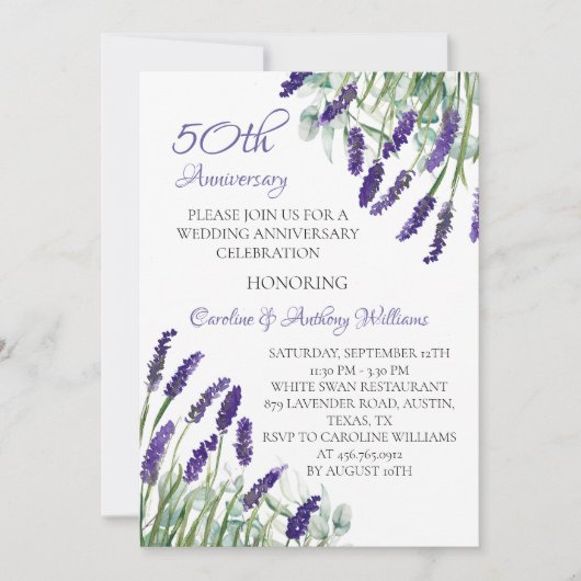 Lavendel Rustieke Botanische 50ste bruiloft Jubile Kaart (Voorkant)