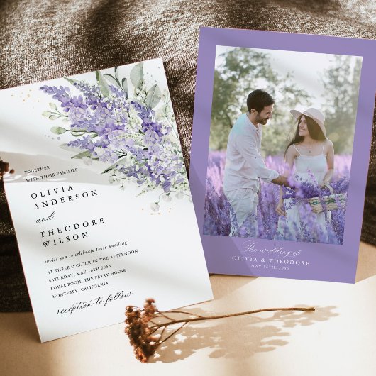 Lavendel & Saliegroen Bloem Foto Bruiloft Kaart