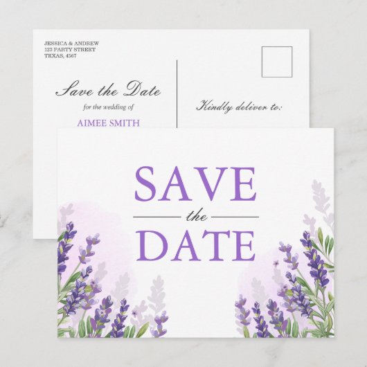Lavendel Save the Date Briefkaart Elegant Paarse (Voorkant / Achterkant)