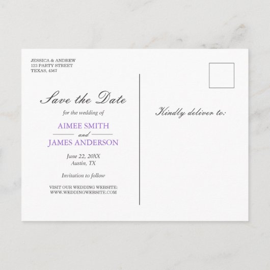Lavendel Save the Date Briefkaart Elegant Paarse (Achterkant)