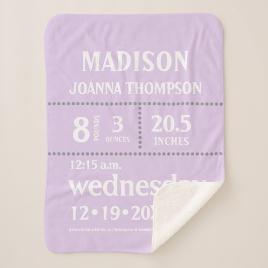 Lavendel Schattigee Baby geboorte Stats aankondigi Sherpa Deken (Voorkant)