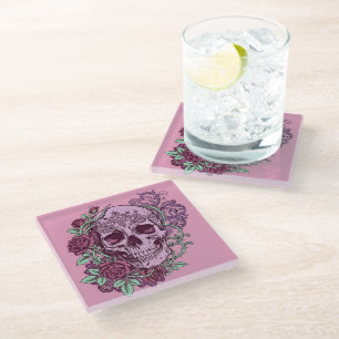 Lavendel Schedel Met Rozen Goth Design Glazen Onderzetter