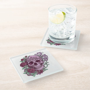 Lavendel Schedel Met Rozen Goth Design Glazen Onderzetter