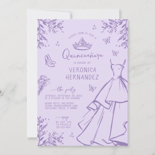 Lavendel Scribble Foto Quinceanera Uitnodiging (Voorkant)