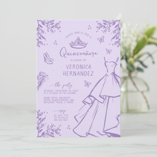 Lavendel Scribble Foto Quinceanera Uitnodiging (Staand voorkant)