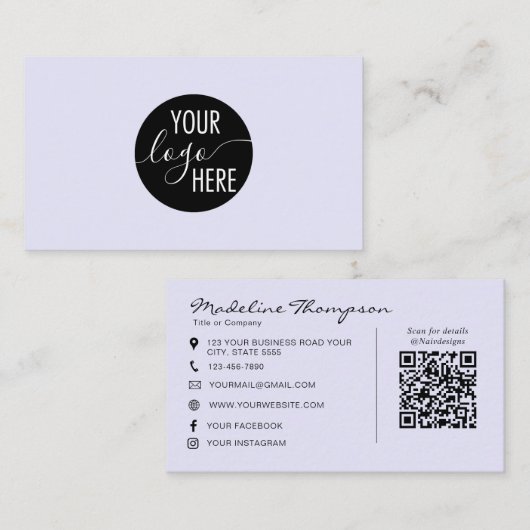 Lavendel Script Professioneel Bedrijfslogo QR Code Visitekaartje (Voorkant / Achterkant)