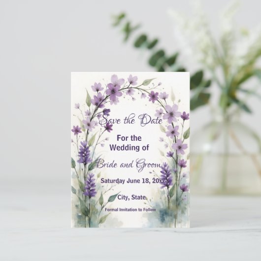 Lavendel Sering Bloemboog Bewaar de Datum Briefkaart (Staand voorkant)