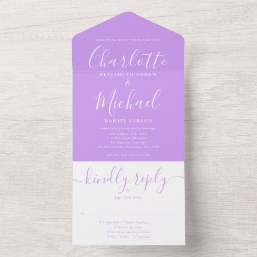 Lavendel Sering Elegant Script Minimalistische Tro All In One Uitnodiging (Binnen)