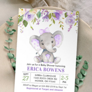 Lavendel Sering Paarse Meisje Olifant Baby Shower Kaart