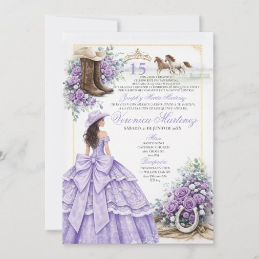 Lavendel Sering Westerse Quinceañera Uitnodiging (Voorkant)