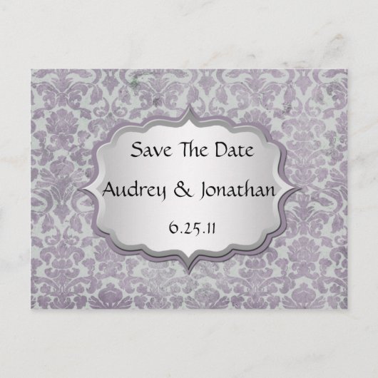 Lavendel Silver Grunge Damask Bewaar de datum Aankondigingskaart (Voorkant)