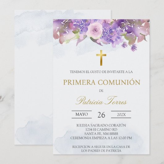 Lavendel Spaanse eerste communie Uitnodiging (Voorkant / Achterkant)