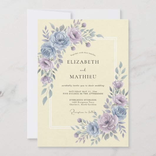 Lavendel Stofblauw Botanische Bruiloft Kaart (Voorkant)