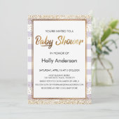 Lavendel Strepen Goud Confetti Script Baby Shower Kaart (Staand voorkant)