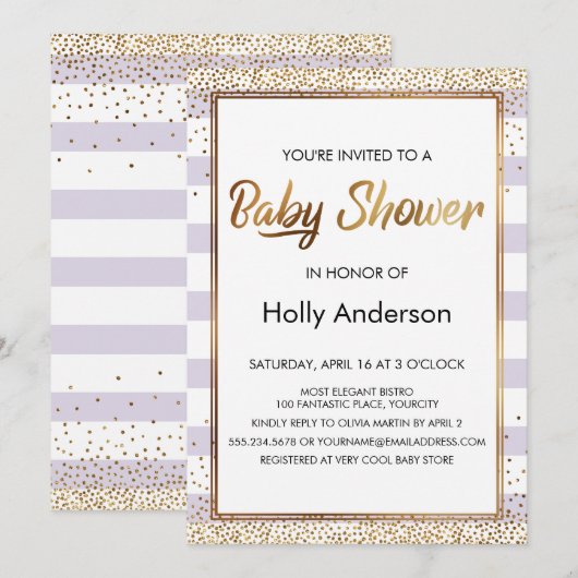Lavendel Strepen Goud Confetti Script Baby Shower Kaart (Voorkant / Achterkant)