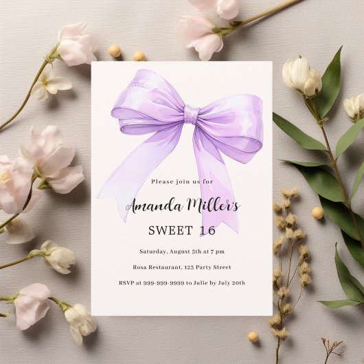 Lavendel strik crème elegant Sweet 16 Kaart