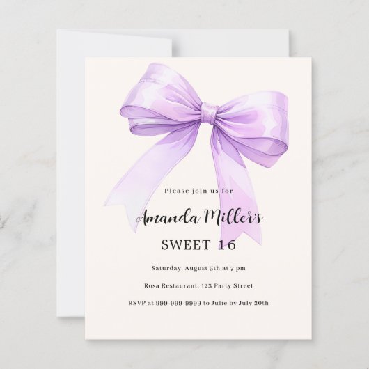 Lavendel strik crème Sweet 16 uitnodiging (Voorkant)