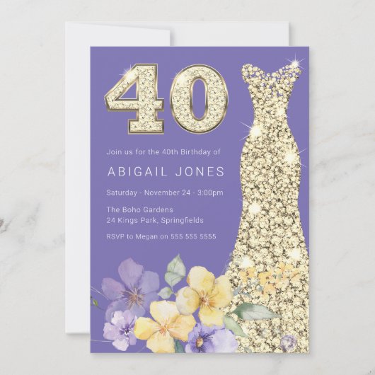 Lavendel & Sunshine Gouden Gown 40ste Verjaardagsf Kaart (Voorkant)