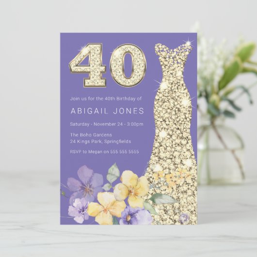 Lavendel & Sunshine Gouden Gown 40ste Verjaardagsf Kaart (Staand voorkant)