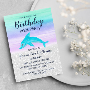 Lavendel Teal Witte Glitter Dolfijn Zwembad Verjaa Kaart