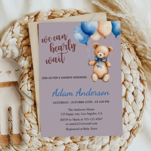 Lavendel teddybeer Baby shower uitnodiging
