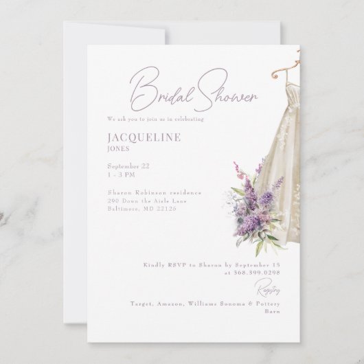 Lavendel trouwjurk bruids douche uitnodiging (Voorkant)