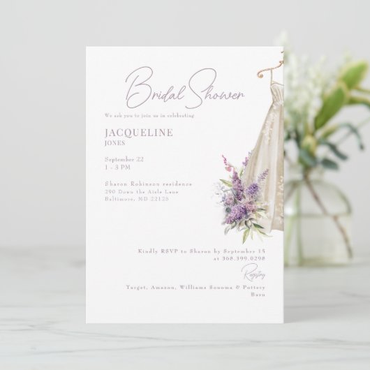 Lavendel trouwjurk bruids douche uitnodiging (Staand voorkant)