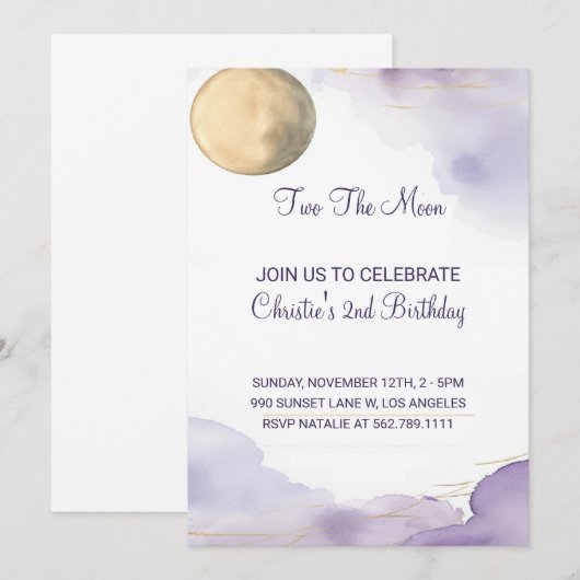 Lavendel twee de maan 2e verjaardag uitnodiging (Voorkant / Achterkant)