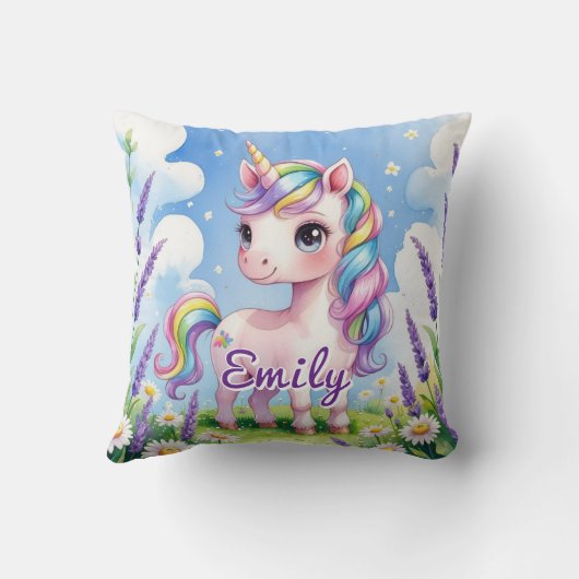 Lavendel Veld Eenhoorn Bewerkbare Naam Kussen (Achterkant)