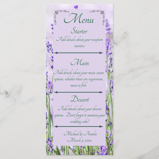 Lavendel Velden Wedding Menu (Voorkant)