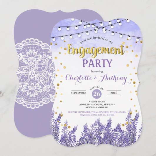 Lavendel verlovingsfeest uitnodiging paarse gouden (Voorkant / Achterkant)