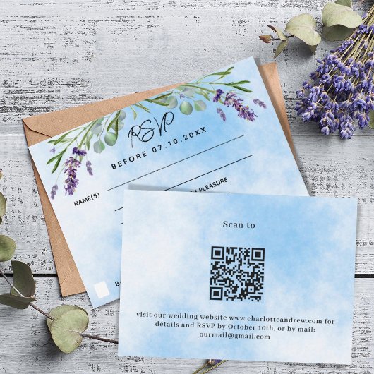 Lavendel violet blauw menu QR bruiloft reactie RSV