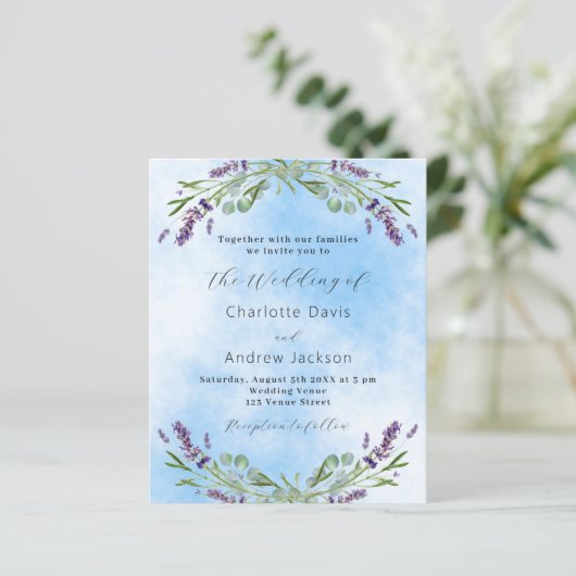 Lavendel violet blauw QR huwelijksuitnodiging (Staand voorkant)