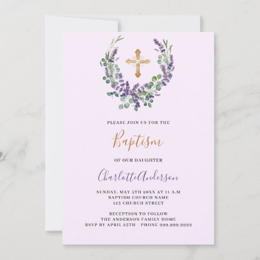 Lavendel violet bloemengroen meisje cross Doop Kaart (Voorkant)