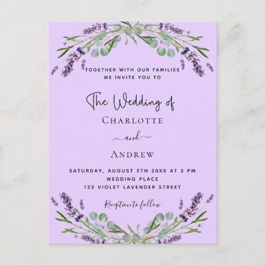Lavendel violet bloemengroen QR-code bruiloft Uitnodiging Briefkaart (Voorkant)
