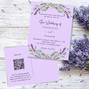 Lavendel violet bloemengroen QR-code bruiloft Uitnodiging Briefkaart