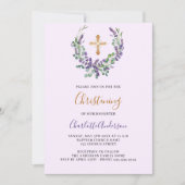 Lavendel violet bloemenmeisje gouden kruis doopsel kaart (Voorkant)